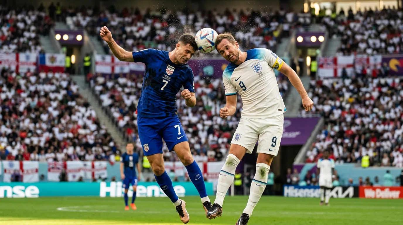 Close-up action shot of two football players contesting the ball during a competitive international match on a sunlit pitch