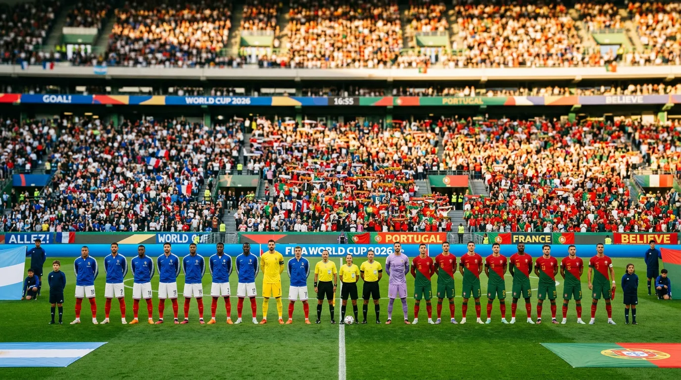 Two national football teams lined up on the pitch before a World Cup group stage match with flags and crowd banners visible in the stands