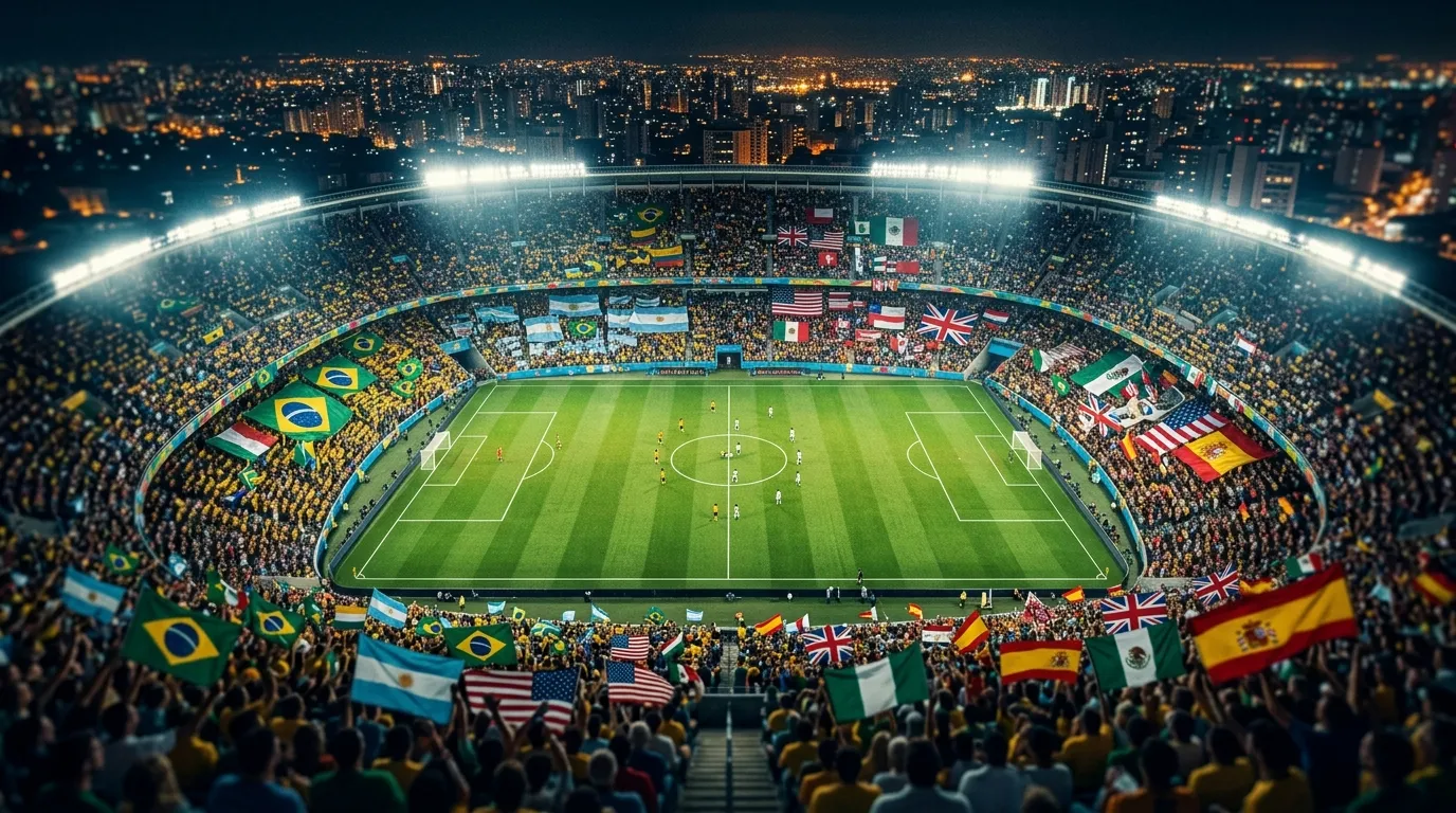 Aerial view of a packed football stadium during a World Cup night match with green pitch illuminated under floodlights