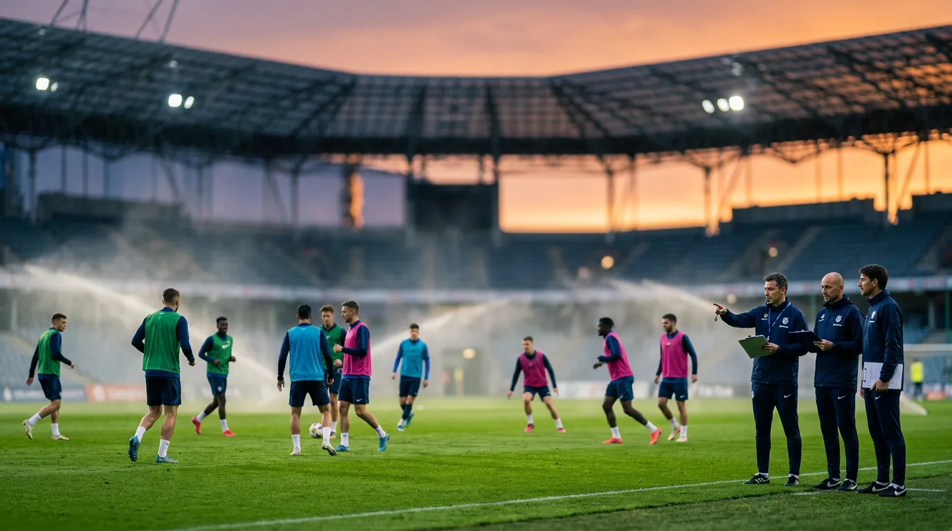 Football players warming up on the pitch before a tournament match with coaching staff observing from the sideline at dusk