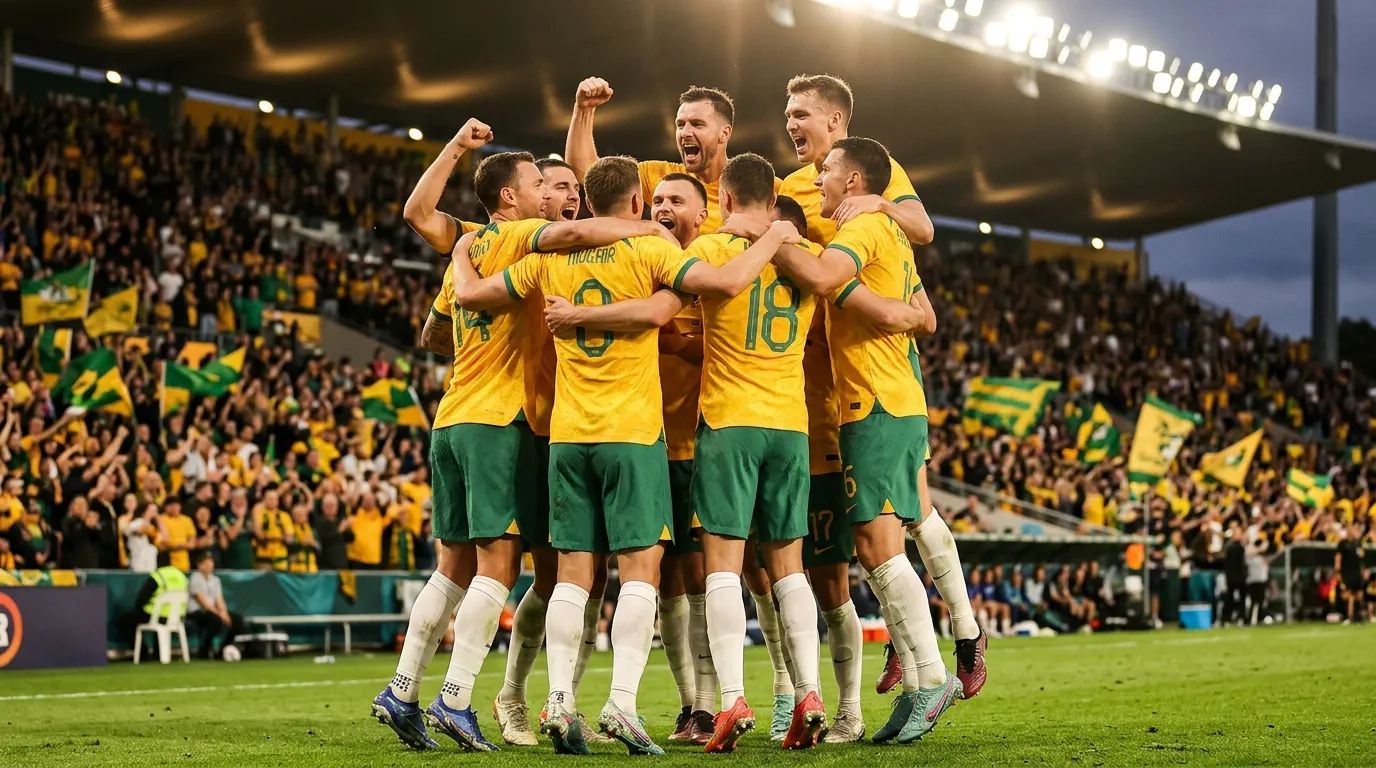 Australian national football team players wearing gold jerseys celebrating together on the pitch after a World Cup qualification match