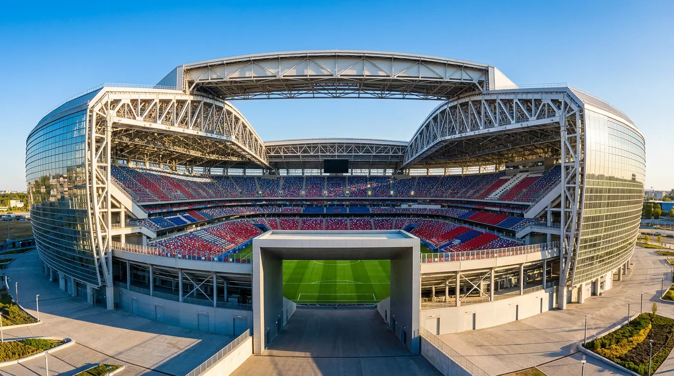 Wide-angle view of a modern football stadium with a retractable roof open to a blue sky and rows of colourful seats surrounding a pristine green pitch