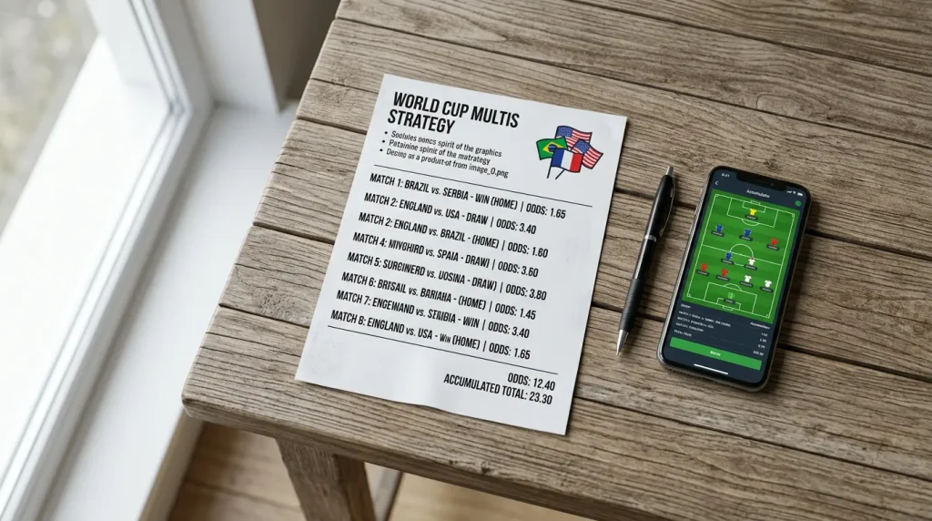 Multi-bet slip showing four World Cup 2026 group stage selections combined into one accumulator