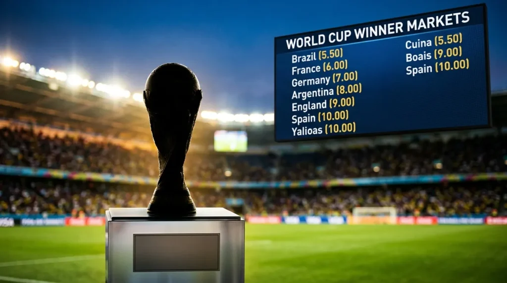 Outright World Cup 2026 odds board showing tournament winner and top-four finish markets